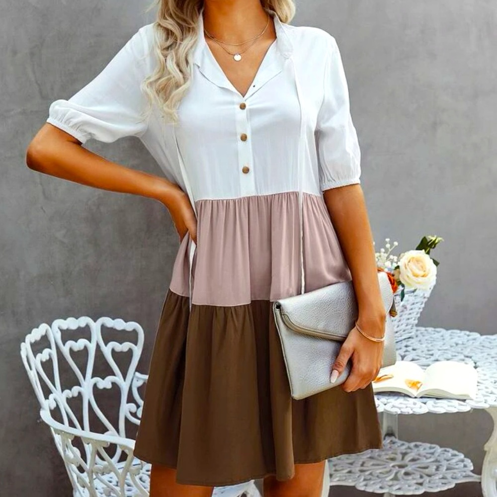 Color Block Tie Neck Smock Dress